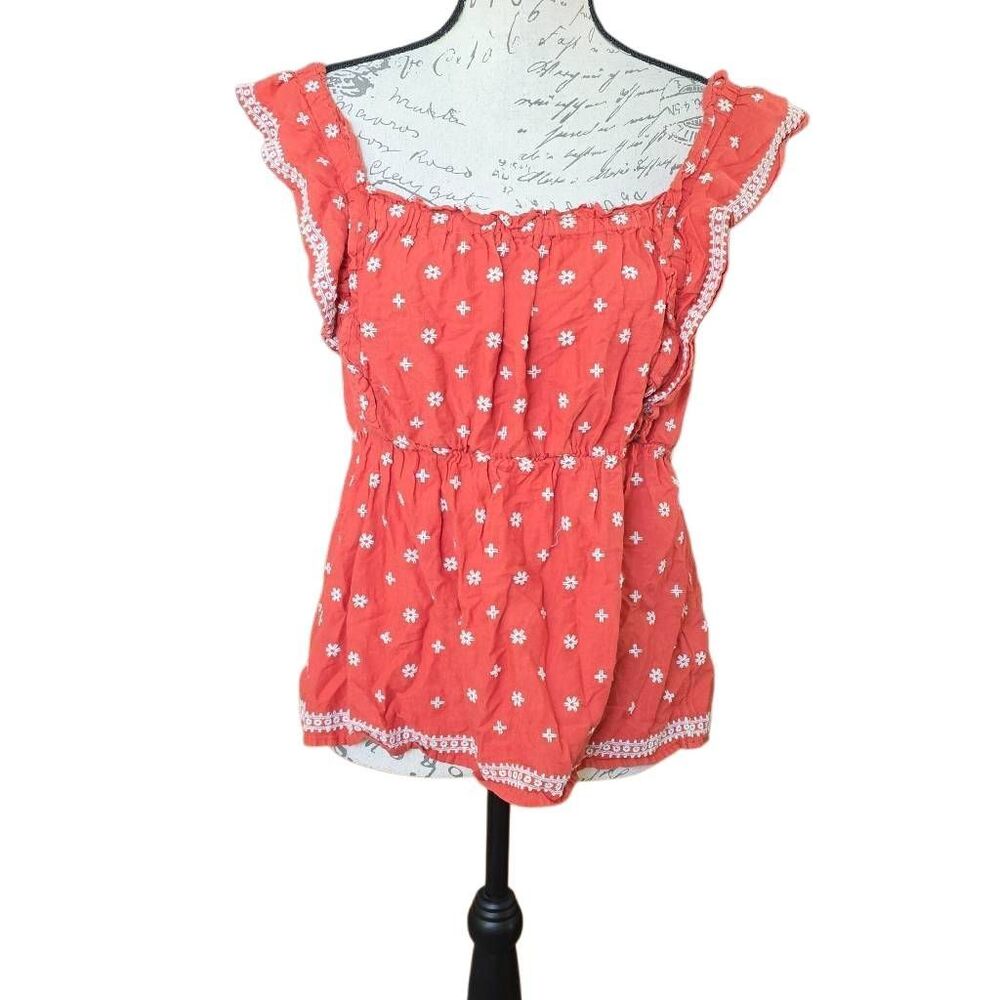 Old Navy Women's Size Medium Terracotta Orange White Embroidered Peasant Tank